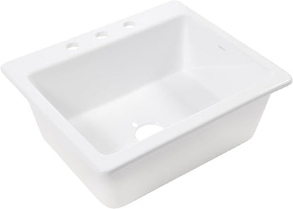 Sinkology Jackson 25 Inch White Fireclay Drop-In Kitchen Sink, Single Bowl, 3 Faucet Holes, Fits 28 Inch Cabinet, Surefire Finish