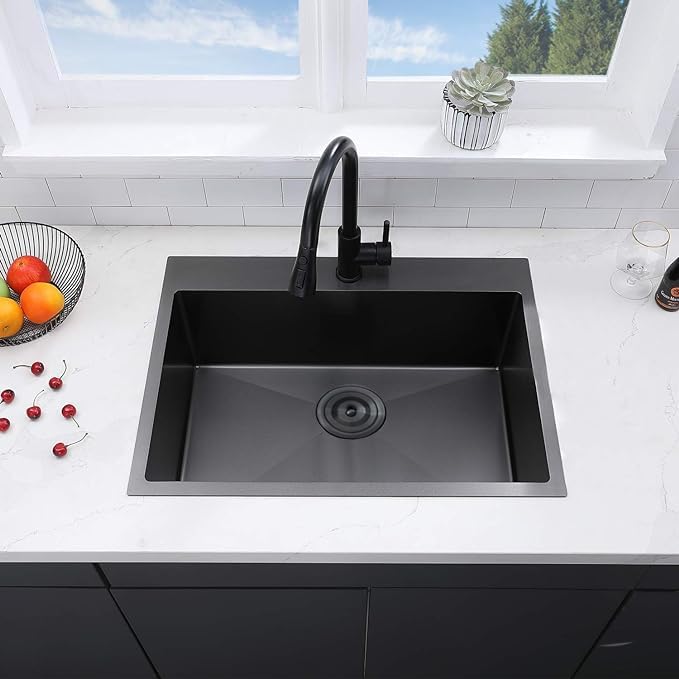 VCCUCINE 28x18 Inch Black Top Mount Drop in Kitchen Sink, Gunmetal Black Modern Square Single Bowl Stainless Steel Basin Topmount Kitchen Sink,16 Gauge Overmount Metal Laundry Sink with Strainer