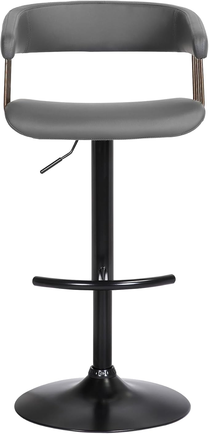 Armen Living Calista Adjustable Height Mid Century Modern Swivel Bar Stool for Kitchen Island Counter in Gray Faux Leather with Golden Bronze and Black Metal