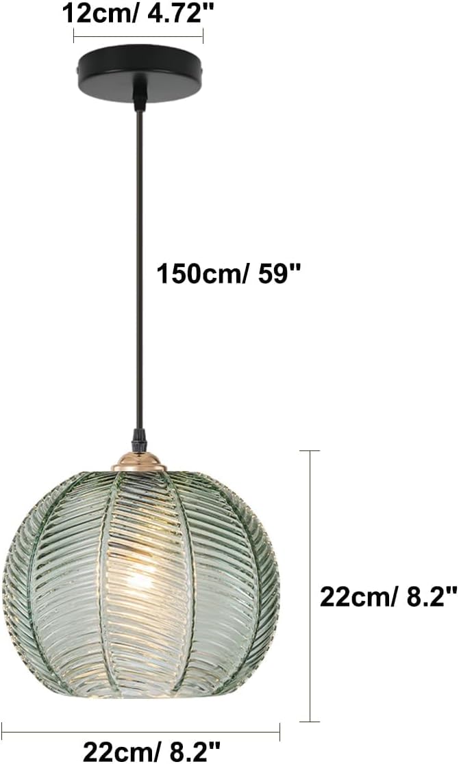 Green Glass Pendant Light Set of 2 Modern Globe Pendant Lighting Farmhouse Gold Pendant Light Hand-Blown Ribbed Chandelier Kitchen Island Lighting for Dining Room Bar