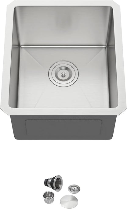 15 x 17 Inch Undermount Bar Sink 16 Gague Stainless Steel Handmade Kitchen Sink Single Bowl Small Wet Prep RV KitchenSinks Basin (Not Included Roll-up Drying Rack and Bottom Grid)