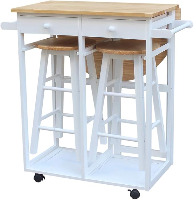FCH Folding Dining Table and Chair Set, Solid Wood Drop Leaf Breakfast Cart Table Set Kitchen Trolley Island Cart with 2 Round Stools and 2 Drawers for 2