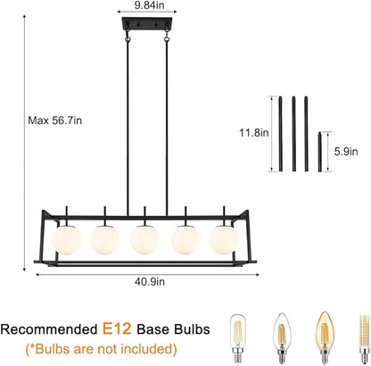 DSMJFU Black Farmhouse Rectangular Chandelier for Dining Room, 5-Light Linear Pendant Lighting, Rectangular Kitchen Island Light with Milky White Glass Ball Shades, Adjustable Height Hanging Lighting