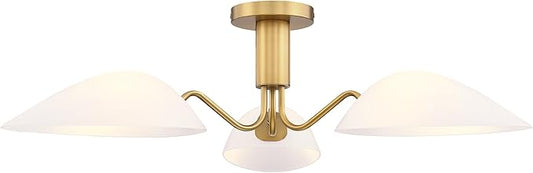 MEXO Modern Gold 3-Light Ceiling Light with Opal White Glass Shade Semi Flush Mount Ceiling Light for Living Room Hallway Sputnik Chandelier Lighting Fixture