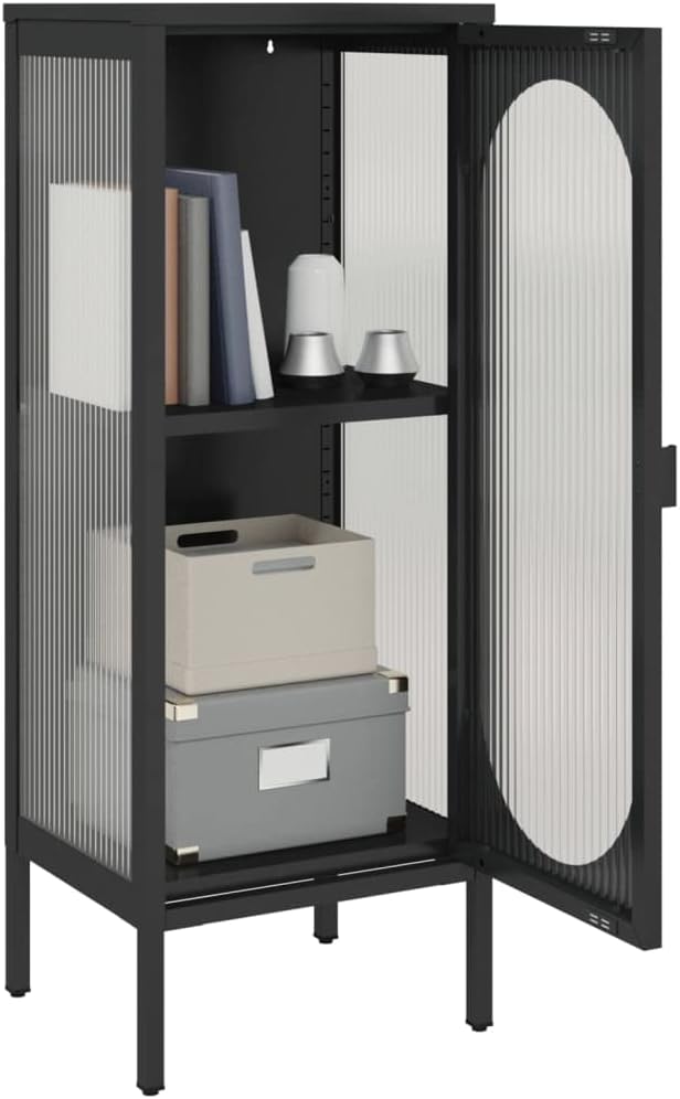 Black Powder-Coated Steel Sideboard, Fluted Glass Door, 40.2 in Tall Buffet Cabinet with Storage, Modern Living Room Furniture Kitchen Furniture