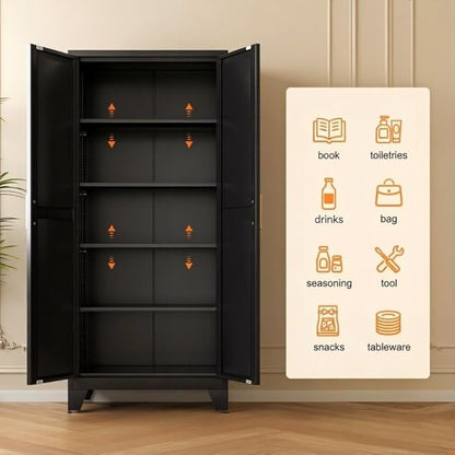 LCAOPC 71" Tall Metal Storage Cabinet with 2 Doors and 4 Adjustable Shelves, 5-Tier Kitchen Pantry Storage Cabinet for Kitchen, Living Room, Dining Room and Office, Black