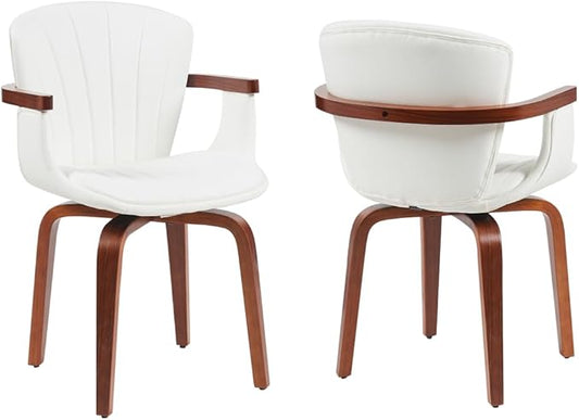 Geelife Mid-Century Bentwood Dining Chair – Heat-Pressed Pu Leather in White+Walnut - Timeless Design & Bentwood Craftsmanship - Dining Rooms, Home Offices, Kitchen Islands - Elegant for Any Season