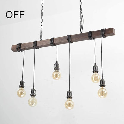 Eoyemin 6-Lights Kitchen Light Fixtures Farmhouse Wooden Retro Rustic Wood Pendant Light Industrial Suspension Line Can Be Adjusted Freely Chandelier for Dining Table Vintage Kitchen Bar Island
