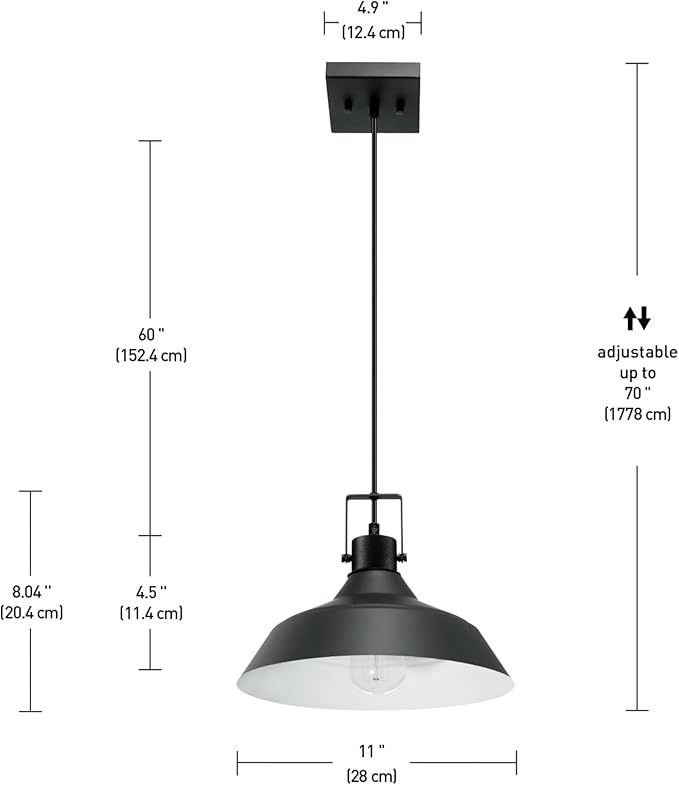 GLOBE Electric 44476 1-Light Indoor/Outdoor Pendant Light, Matte Black Finish, Textured Socket Detail, Adjustable Hanging Height, E26 Base, Modern Farmhouse Style