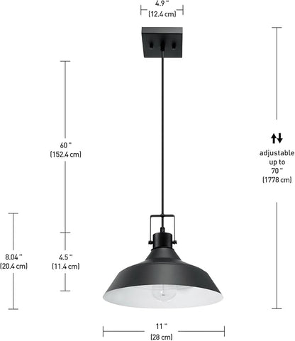 GLOBE Electric 44476 1-Light Indoor/Outdoor Pendant Light, Matte Black Finish, Textured Socket Detail, Adjustable Hanging Height, E26 Base, Modern Farmhouse Style