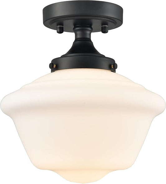 SAMTEEN Modern Black Semi Flush Mount Ceiling Light Schoolhouse Light Fixtures White Glass Ceiling Light Matte Black Flush Mount Light for Bedroom Hallway Kitchen Foyer Living Room