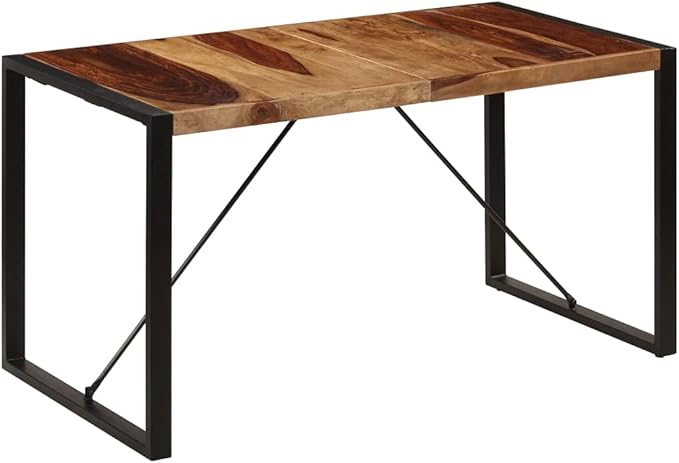 Rectangular Dining Table, Brown Solid Acacia Wood, 55.1 in, Polished Finish, Industrial Design, Seats 6 People, for Dining Room, Kitchen