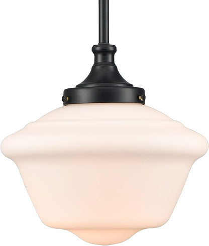 SAMTEEN 10-Inch Black Schoolhouse Pendant Light with White Glass Shade Schoolhouse Light Fixture Adjustable Height Modern Schoolhouse Pendant Lighting for Kitchen Island Dining Room Living Room