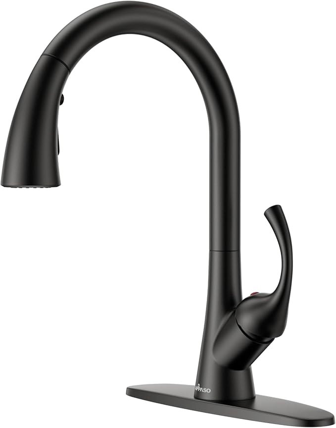 APPASO Black Kitchen Faucet One Hole, 3-Mode Pull Down Sprayer, 360° Swivel, 20-Inch Hose, Single Handle High Arc Matte Black Modern Faucet for 1 or 3-Hole Kitchen Sink, Spot Resist, Easy to Install