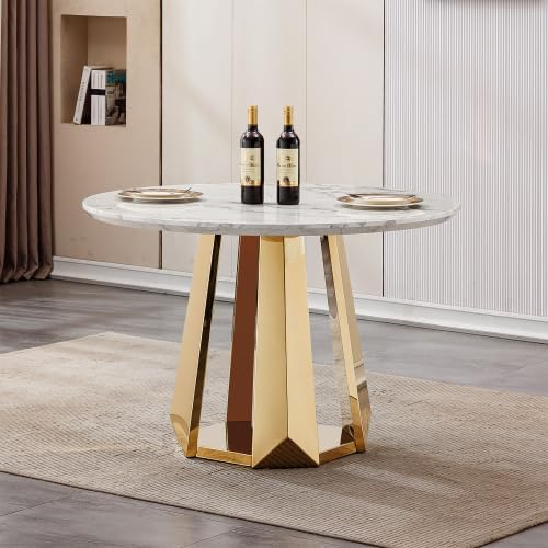47" Round Marble Dining Table for 4-6, Luxury Modern Kitchen Table with Marble Grain MDF Tabletop & Gold Mirrored Stainless Steel Pedestal Base, Grey Stone Dinner Table for Dining Room (Table Only)