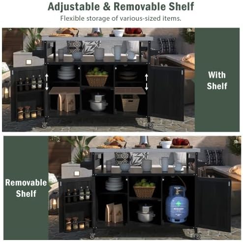 Bellemave Outdoor Kitchen Island with Stainless Steel Top, Rolling Bar Cart & Storage Cabinet, Outdoor Grill Cart with Spice & Towel Rack, Rolling Island Table for Kitchen & BBQ, Black