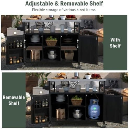 Bellemave Outdoor Kitchen Island with Stainless Steel Top, Rolling Bar Cart & Storage Cabinet, Outdoor Grill Cart with Spice & Towel Rack, Rolling Island Table for Kitchen & BBQ, Black
