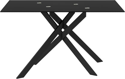 51" Rectangle Dining Table for 4 5 6 People, Modern Dining Room Tables with Black Chrome Metal X-Shaped Legs, Black Glass Dining Table Large Kitchen Table Family Dinner Table for Home Office