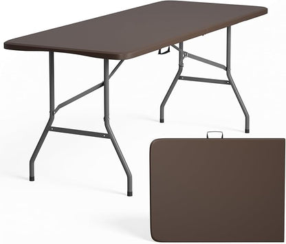 FDW 6 Foot Folding Table, Portable Plastic Table with Carrying Handle Perfect for Indoor, Outdoor, Party, Dining, Wedding, Events, Camping, Brown