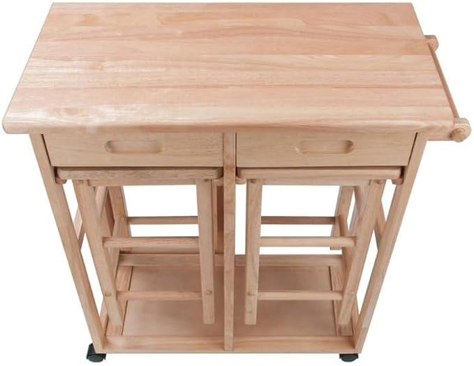 Furnifact Folding Kitchen Trolley Drop Leaf Table with Two Stools, Compact Folding Dining Table with Chairs and Storage, Small Kitchen Cart with Seating