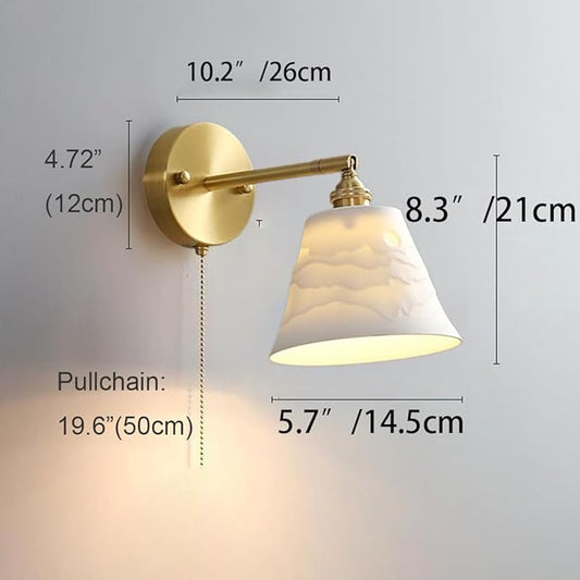 Vintage Wall Light Fixture Ceramic Wall Sconces Light with Pull Chain Switch Gold Brass Finish Mid-Century Modern Sconce Wall Lighting for Bedroom Living Room Farmhouse