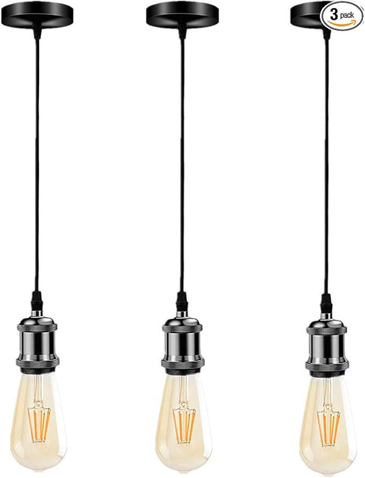 jose2015 3Pcs Pendant Lighting Ceiling Pendant Light Fitting Kits Cord E26 Socket Black Pendant Light Fixtures for Kitchen Isand Bar Cafe. (Black)