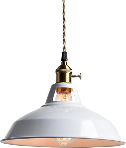 CLAXY Industrial Pendant Lights White Metal Barn Shade Hanging Ceiling Light Fixture with Switch E26 Kitchen Pendant Lighting for Loft, Bar, Foyer, Dining