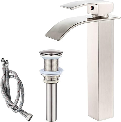 VOTON Vessel Sink Faucet Brushed Nickel Modern Tall Waterfall Bathroom Sink Faucet with Pop-Up Drain Single Handle Bathroom Faucet 1 Hole Bowl Lavatory Vanity Faucet, Rv Sink Camper Farmhouse Faucet