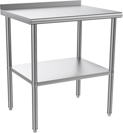 ROVSUN 30'' x 24'' Stainless Steel Table for Prep & Work,Commercial Worktables & Workstations, NSF Heavy Dut Metal Table with Adjustable UnderShelf & Backsplash for Kitchen, Restaurant,Home,Hotel