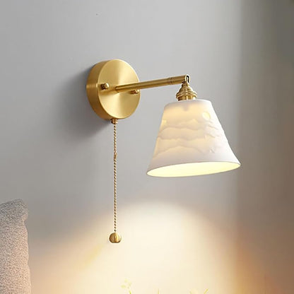 Vintage Wall Light Fixture Ceramic Wall Sconces Light with Pull Chain Switch Gold Brass Finish Mid-Century Modern Sconce Wall Lighting for Bedroom Living Room Farmhouse