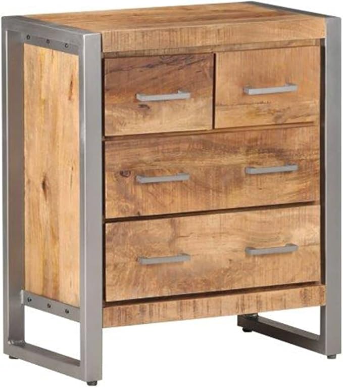 Industrial Sideboard, Rough Mango Wood, Iron Frame, 23.6" Long, 4-Drawer Storage Cabinet for Living Room, Natural Brown Kitchen Furniture