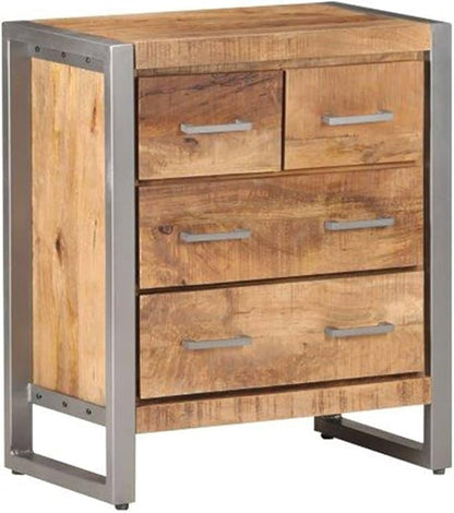 Industrial Sideboard, Rough Mango Wood, Iron Frame, 23.6" Long, 4-Drawer Storage Cabinet for Living Room, Natural Brown Kitchen Furniture