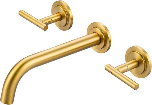Wall Mount Bathroom Faucet - WOWOW Brushed Gold Bathroom Sink Faucet - 2 Handle Wall Mount Vessel Sink Faucet 3 Holes Elegant Classic Spout Rough in Brass Valve Included