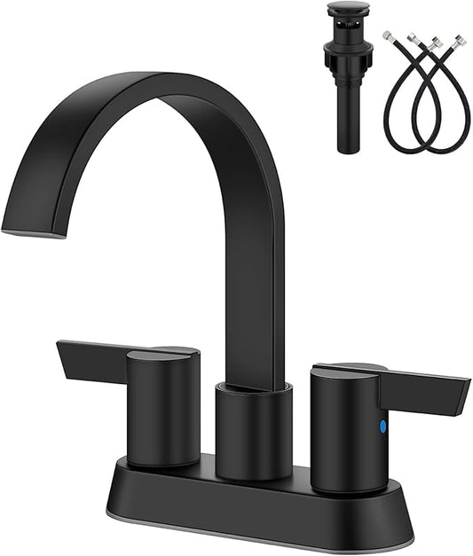 Aolemi Bathroom Faucets for Sink 3 Hole,4 Inch Centerset Waterfall Faucet 2 Handle for Bathroom Sink with Pop-Up Drain and Supply Lines Matte Black
