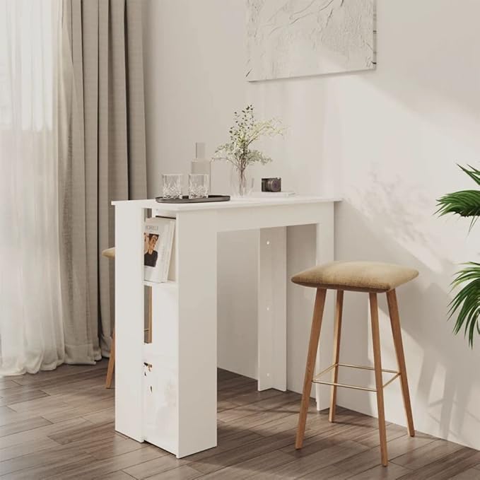 White Engineered Wood Rectangular High Bar Table with 3 Built-in Shelves for Dining Room Kitchen Living Space Modern Minimalist Design