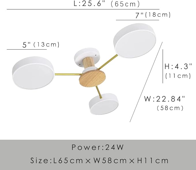 LED Ceiling Light Fixture,26 Inch 3-Lights Modern Ceiling Lights Flush Mount Wooden 24W Dimmable Chandelier for Living Room Bedroom Kitchen,3000K/4000K/6000K Temperatures Selectable White
