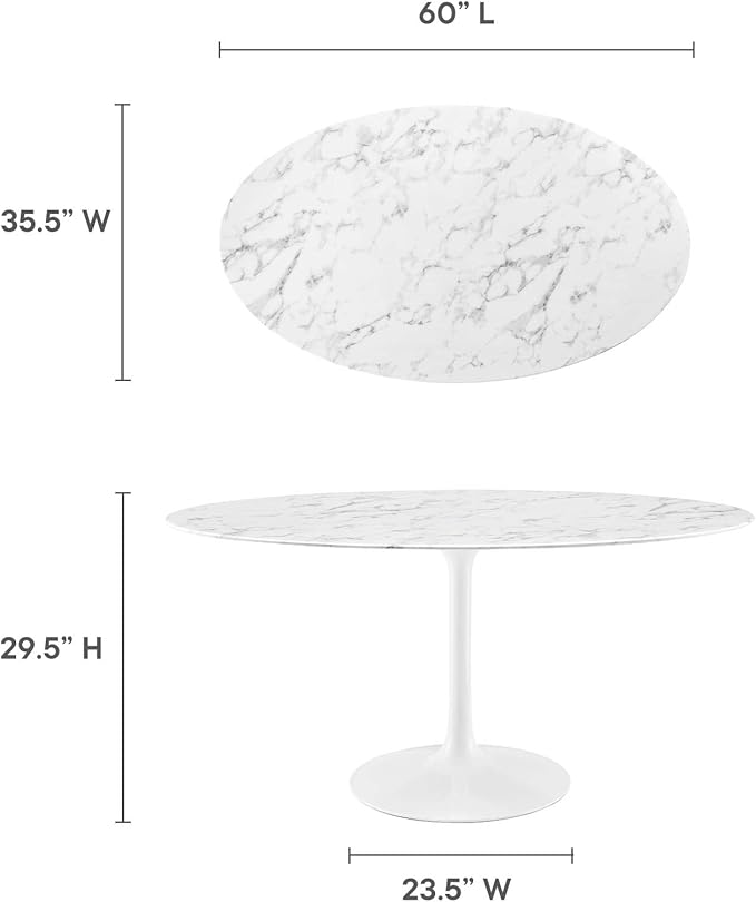 Modway Lippa 60" Oval-Shaped Mid-Century Modern Dining Table with Artificial Marble Top and White Base