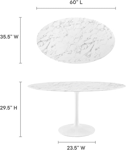 Modway Lippa 60" Oval-Shaped Mid-Century Modern Dining Table with Artificial Marble Top and White Base
