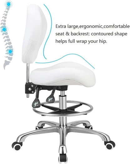 Kaleurrier Adjustable Height Drafting Stool Drafting Chair with Backrest & Foot Rest,Swivel Rolling Stools for Work Studio Dental Office Salon Kitchen Counter Tall Home Desk Chairs (White)