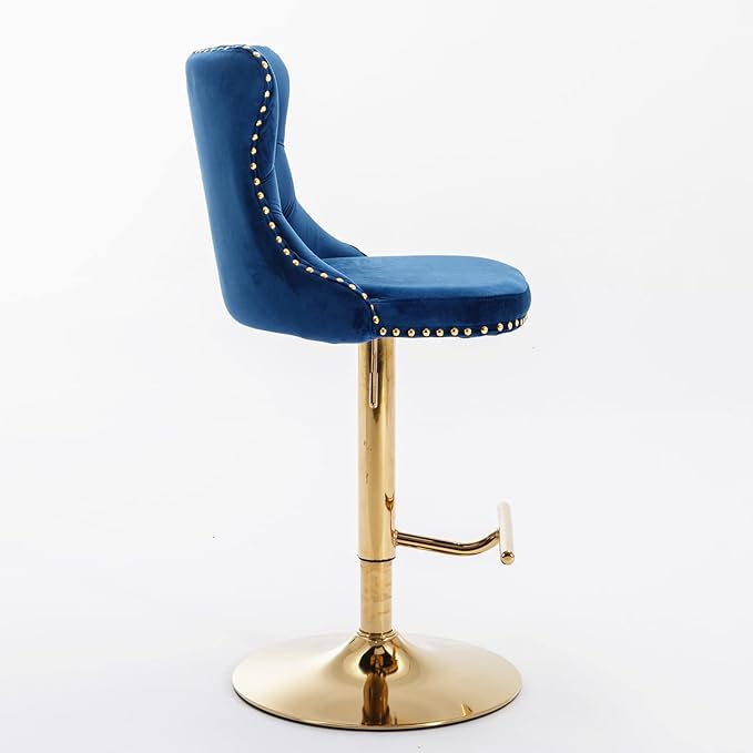 Rhomtree Velvet Swivel Bar Stools Upholstered Bar Stool with Button Tufted Back and Pull Ring Height Adjustable Barstools 25-33 Inch for Home Pub and Kitchen Island (Blue with Gold Base, Set of 8)