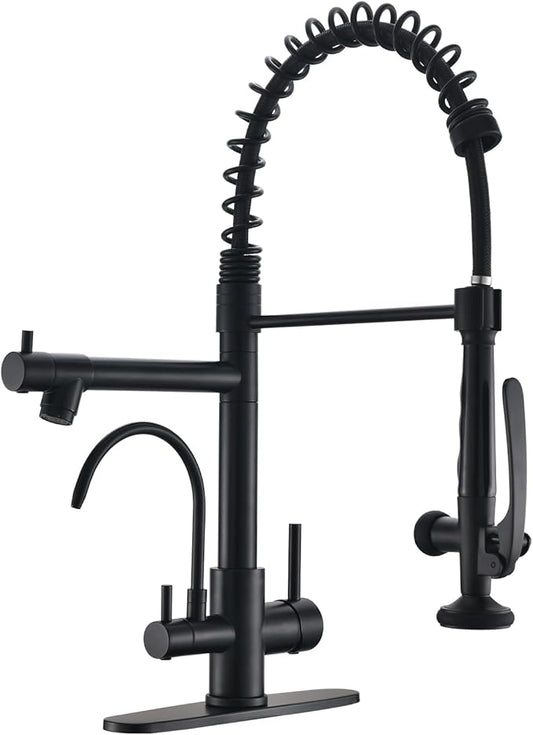 Fapully Commercial Kitchen Faucet with Pull Down Sprayer and Water Filter, Matte Black 3 in 1 Kitchen Faucets with Drinking Water Faucet