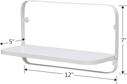 WELLAND White Floating Shelves Set of 2, Small Fold Down Wall Shelf Folding Display Wall Shelves for RV, Camper, Loft, Bedside | White Wooden Board & Metal Frame | 12" W x 5" D x 7" H