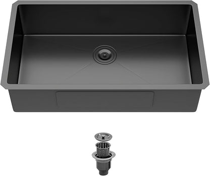 33 Inch Undermount Kitchen Sink Black 18 Gauge Stainless Steel Under Counter Sink Single Bowl Deep Handmade Single Bowl Kitchen Sink,33"x19"x9"