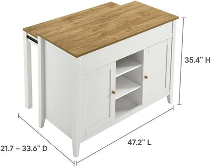 MAKLAINE Contemporary 3-Piece Kitchen Island Set, Oak White Finish, MDF and Particleboard Construction, Butcher Block Countertop, Pull-Out Table, Adjustable Shelves, Includes 2 Backless Stools