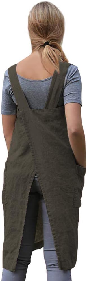 Larmliss Women's Pinafore Square Apron Baking Cooking Gardening Works Cross Back Cotton/Linen Blend Dress with 2 Pockets