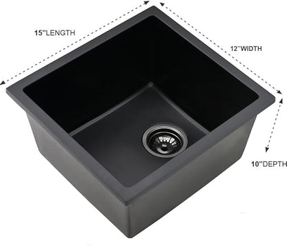 Black Bar Sink Undermount-iAnomla 12x15 Small Kitchen Sink Black Quartz Composite Wet Bar Prep Sinks Deep Single Bowl Outdoor Rv Kitchen Sinks with Bottom Grid