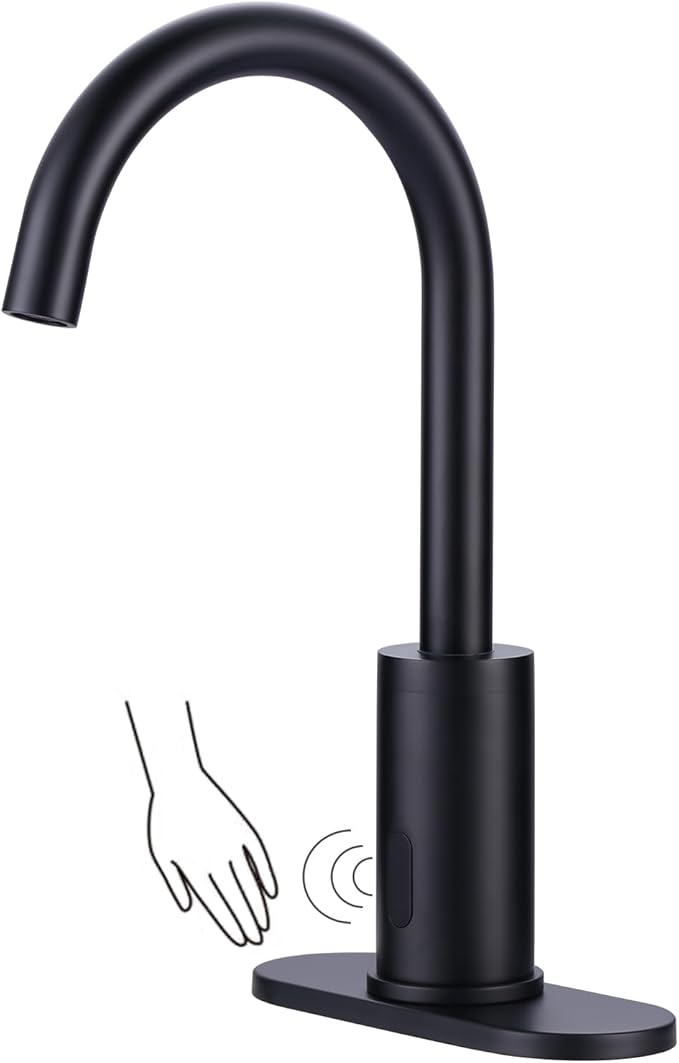 WOWOW Touchless Bathroom Faucet - Tall Automatic Bathroom Sink Faucet with Single Hole, Control Box and Temperature Mixer for Vanity with Deck Plate, Matte Black