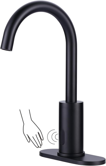 WOWOW Touchless Bathroom Faucet - Tall Automatic Bathroom Sink Faucet with Single Hole, Control Box and Temperature Mixer for Vanity with Deck Plate, Matte Black