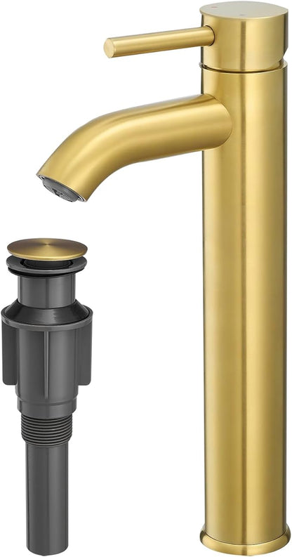 VOTON Brushed Gold Tall Bathroom Faucet, Single Handle Vessel Sink Faucet with Water Supply Hose and Pop Up Sink Drain
