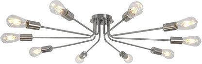 10 Light Sputnik Chandelier Brushed Nickel Ceiling Light Semi Flush Mount Light Ceiling Lamp for Kitchen Dining Room Living Room Foyer